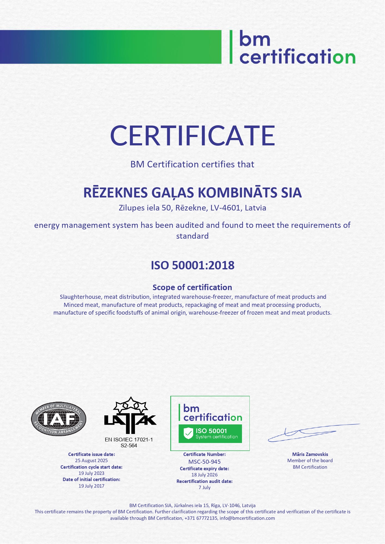 Energy Management System has been audited and meets the requirements of the ISO 50001:2018 standard.